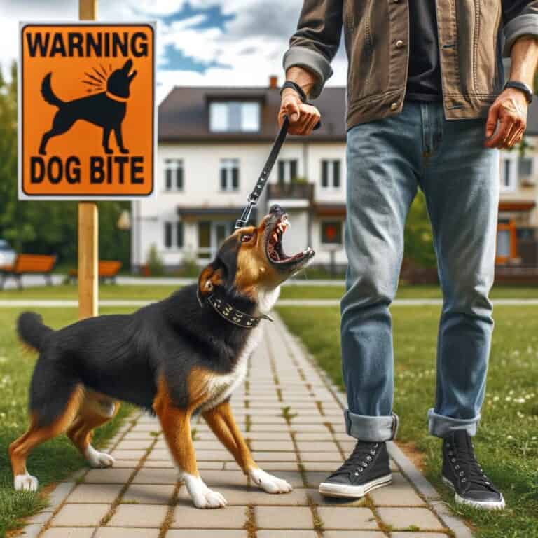 Representando a un perro mediano con correa siendo sostenido por un dueño que parece agresivo
