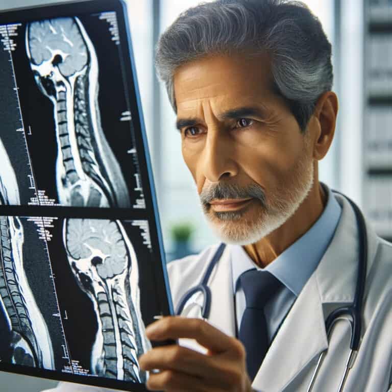 Hispanic male doctor in his 60s with a darker complexion and a petite build. He is intensely reviewing an MRI of the spine